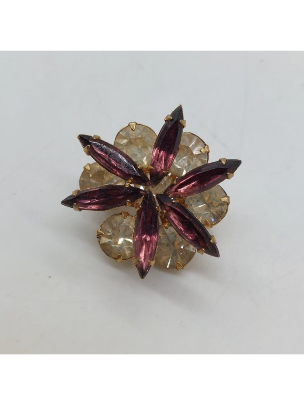 Brooch Rhinestone Purple Clear Gold tone Estate